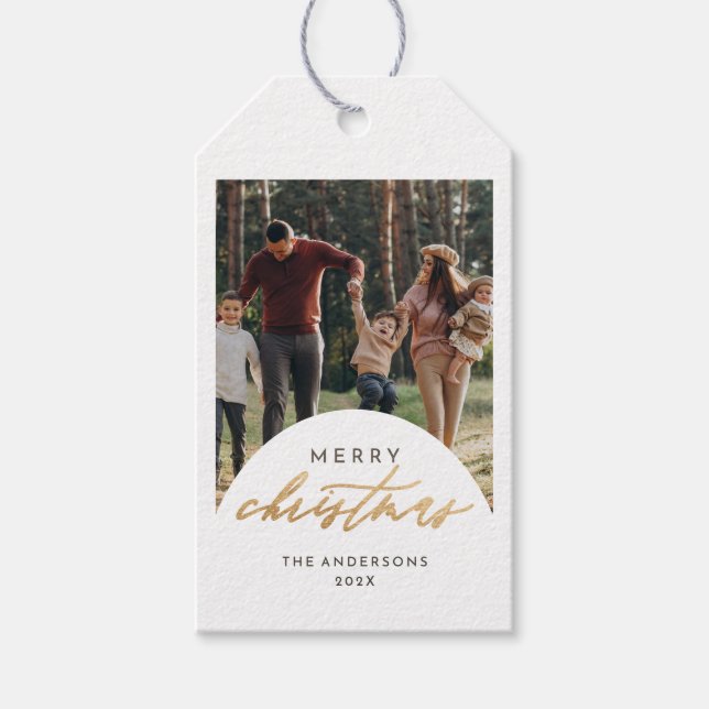Modern Foto Arch Frohe Weihnachts-Gold-Script Geschenkanhänger (Vorderseite)