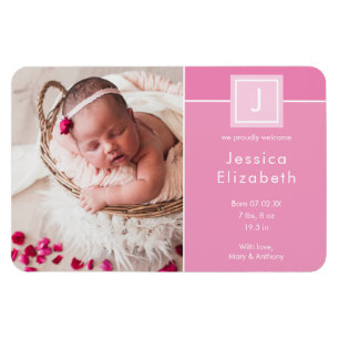 Modern Foto Baby Monogram Girl Birth Announcement Magnet