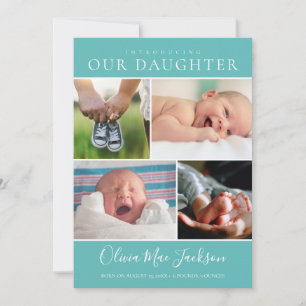 Modern Foto Collage Aquamarin Baby Girl Geburt Ankündigung