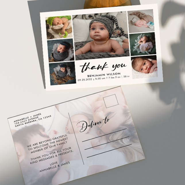 Modern Foto Collage Baby Vielen Dank Ankündigungspostkarte (Von Creator hochgeladen)