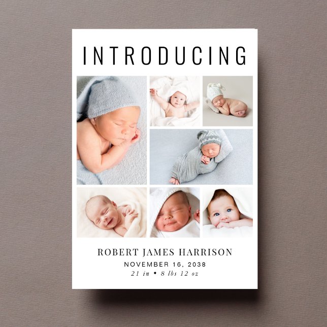 Modern Foto Collage Birth Ankündigung (Announce the arrival of your precious baby in a way that is as beautiful and unique as they are)