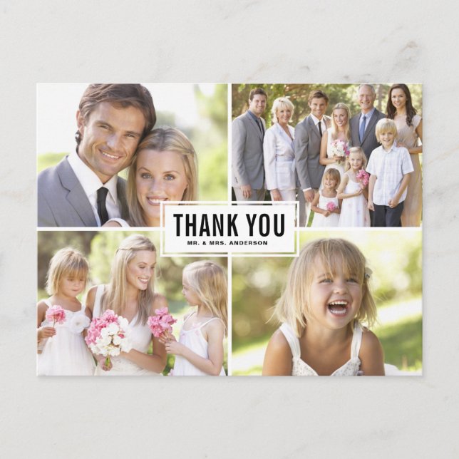 Modern Foto Collage Black Wedding Vielen Dank Postkarte (Vorderseite)
