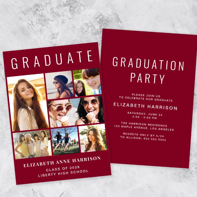 Modern Foto Collage Burgundy Graduation Party Einladung (A modern photo collage graduation party invitation to celebrate the graduate's achievements)