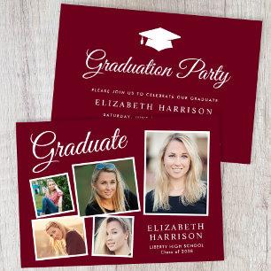 Modern Foto Collage Burgundy Graduation Party Einladung