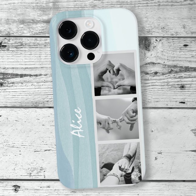 Modern Foto Collage Cool Blue Watercolor Name title_seo2 (Add 3 of your favorite photos to this watercolor aqua blue phone case)