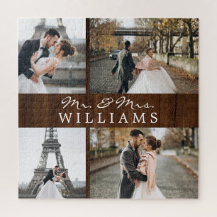 Modern Foto Collage Newlyweds Monogram Dark Wood