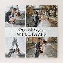 Modern Foto Collage Newlyweds Monogram White