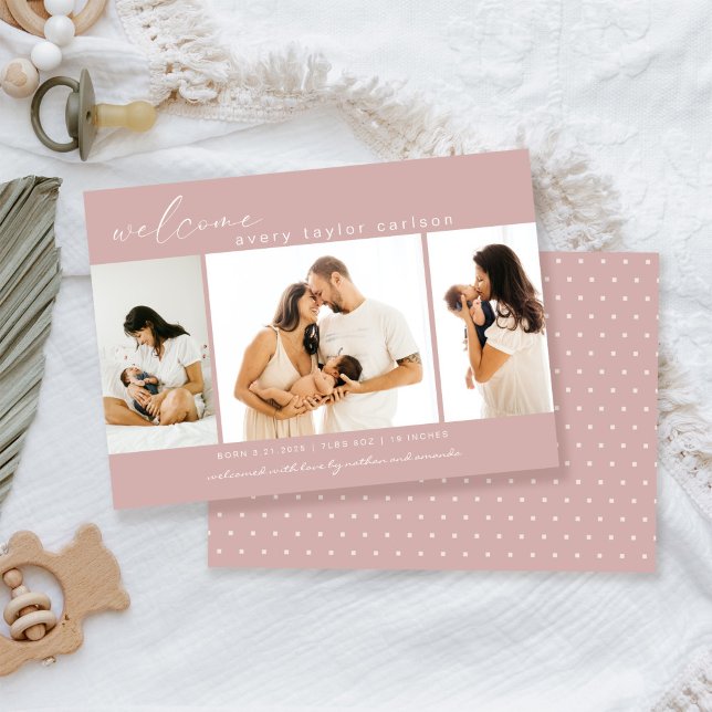 Modern Foto Collage Pink Birth Ankündigung (Von Creator hochgeladen)