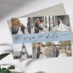 Modern Foto Collage Save the Date Dusty Blue<br><div class="desc">Wählen Sie die besten Bilder aus Ihrem Verlobung-Shooting oder Ihre Lieblingsfotos von Ihnen beiden für dieses perfekte Save the Date. Save the Date sind die Wörter handgeschrieben, um der Karte ein persönliches Gefühl zu geben. Die Vorderseite hat 6 Bilder und die Rückseite hat ein großes Bild mit einem weißen Filter...</div>