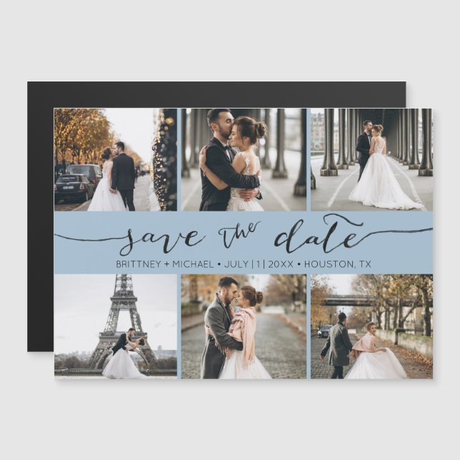 Modern Foto Collage Save the Date Dusty Blue Magnetkarte (Vorne/Hinten)