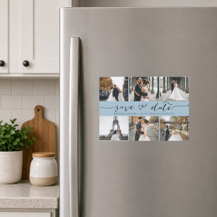 Modern Foto Collage Save the Date Dusty Blue Magnetkarte