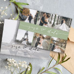Modern Foto Collage Save the Date Grün anzeigen<br><div class="desc">Wählen Sie die besten Bilder aus Ihrem Verlobung-Shooting oder Ihre Lieblingsfotos von Ihnen beiden für dieses perfekte Save the Date. Save the Date sind die Wörter handgeschrieben, um der Karte ein persönliches Gefühl zu geben. Die Vorderseite hat 6 Bilder und die Rückseite hat ein großes Bild mit einem weißen Filter...</div>