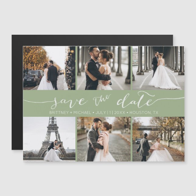 Modern Foto Collage Save the Date Grün anzeigen Magnetkarte (Vorne/Hinten)