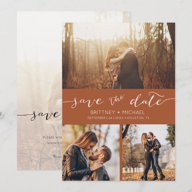 Modern Foto Collage Terracotta Save the Date Ankündigung (Vorne/Hinten)