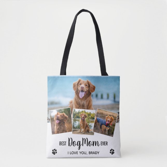 Modern Foto Collage White Best Dog Mama Tasche (Vorderseite)