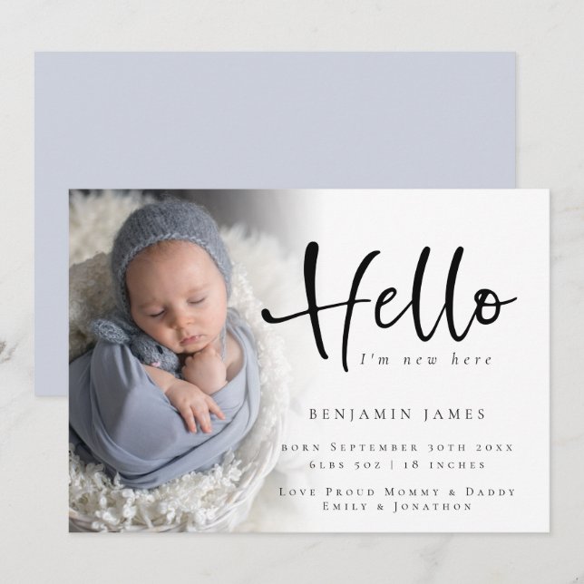 Modern Foto Hello New Baby Boy Blue Birth Ankündigung (Vorne/Hinten)