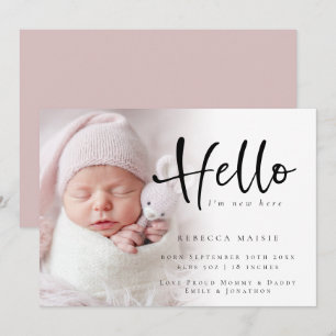 Modern Foto Hello New Baby Girl Pink Birth Annou Ankündigung