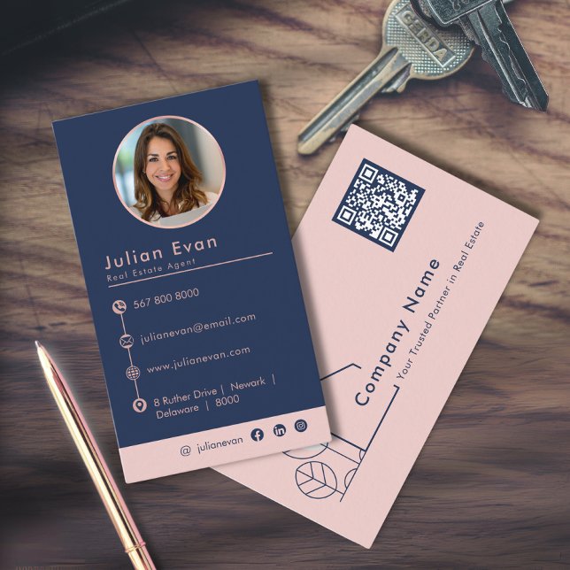 Modern Foto House Logo Blush Navy Blue Realtor Visitenkarte (Von Creator hochgeladen)