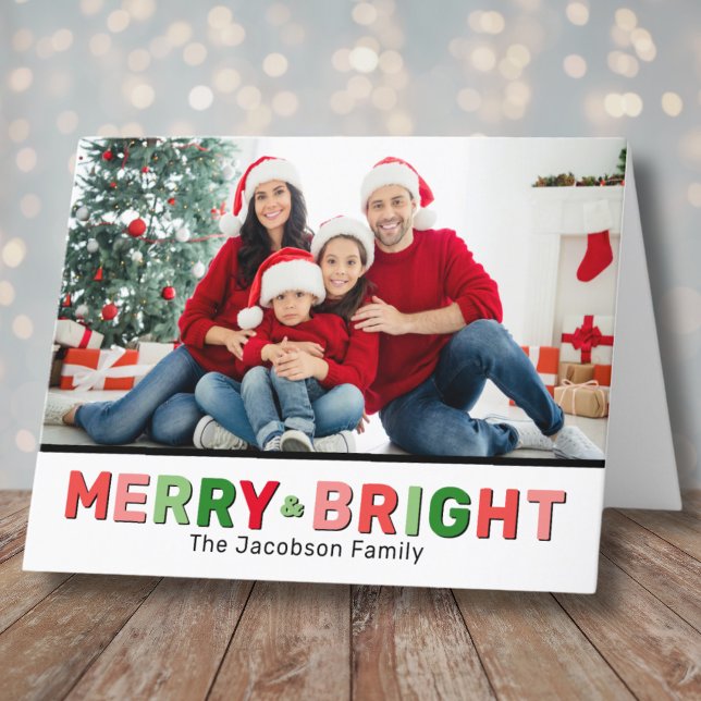 Modern Foto Merry Bright Weihnachten (Cute Modern Photo Merry Bright Christmas Holiday Card)