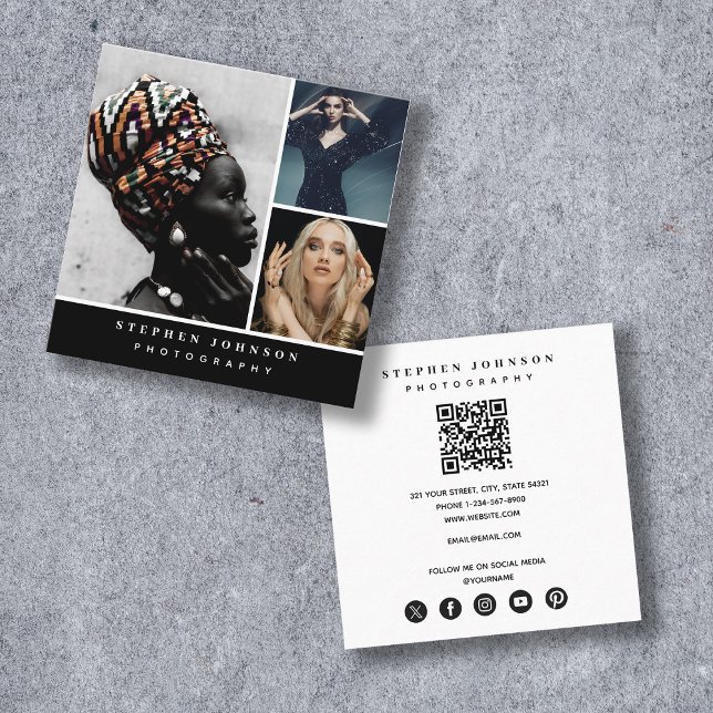 Modern Fotograf 3 Fotos QR Code Social Media Quadratische Visitenkarte (Modern Photographer 3 Photos QR Code Social Media Square Business Card)
