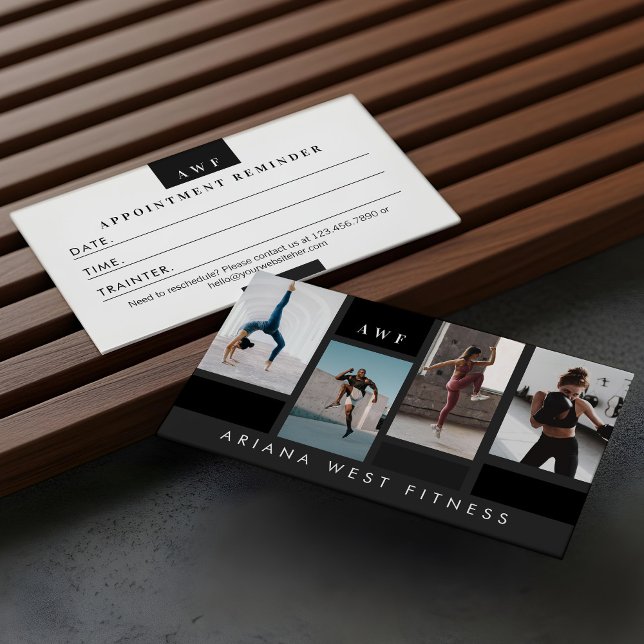 Modern Four Photo Collage Personal Trainer Fitness Terminkarte (Modern Four Photo Collage Personal Trainer Fitness Appointment Card)