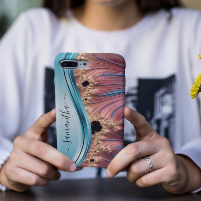 Modern Fraktal Blue Handgeschriebenes Monogramm Case-Mate iPhone Hülle (Von Creator hochgeladen)