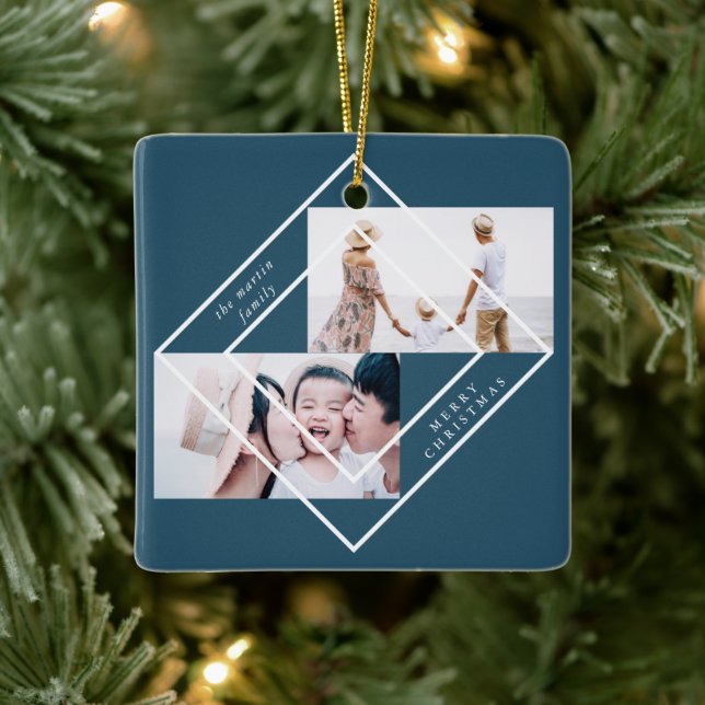 Modern Frame Blue Zwei Foto Frohe Weihnachten Keramikornament (Baum)