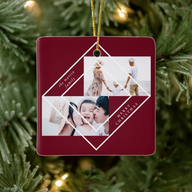 Modern Frame Burgundy Zwei Fotos Frohe Weihnachten Keramikornament (Baum)