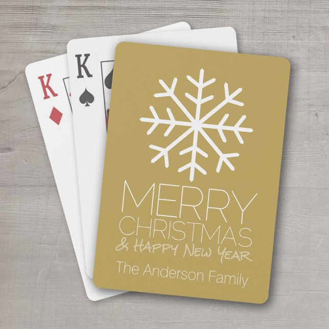 Modern Frohe Weihnachten Winterschneeflocke - Gold Spielkarten (Add a family name  to this set of personalized playing cards for the Christmas season.)