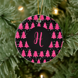 Modern Fuchsia & Black Christmas Tree Monogram Ce Keramik Ornament