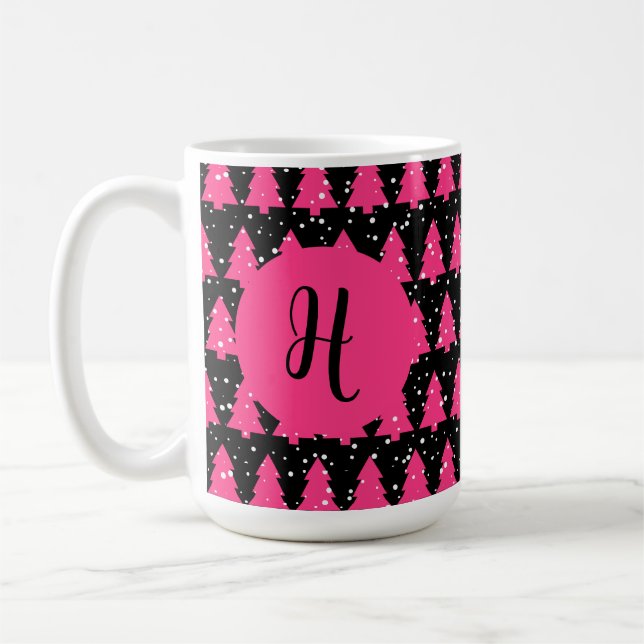 Modern Fuchsia & Black Christmas Tree Monogram Cof Kaffeetasse (Links)