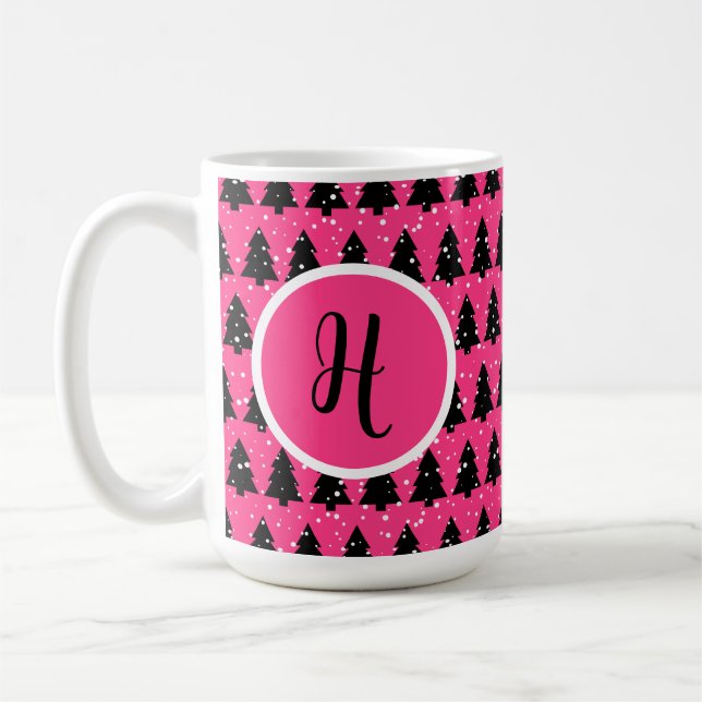 Modern Fuchsia & Black Christmas Tree Monogram Kaffeetasse (Links)