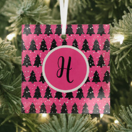 Modern Fuchsia & Black Christmas Tree Monogram Ornament Aus Glas