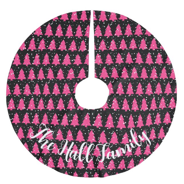 Modern Fuchsia & Black Christmas Tree Polyester Weihnachtsbaumdecke (Vorderseite)