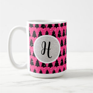 Modern Fuchsia und Black Christmas Tree Monogram Kaffeetasse
