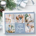 Modern Fun Calligraphy Blue 5 Foto Weihnachten<br><div class="desc">Modern Fun Calligraphy Script Frohe Weihnachten 5 Foto Collage Holiday Card - Dusty Blue Background</div>