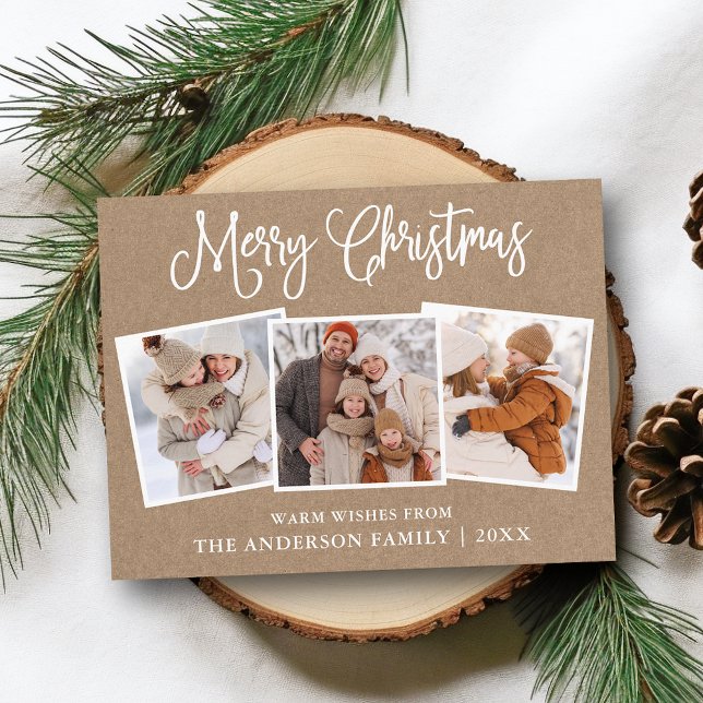 Modern Fun Calligraphy Christmas Kraft 3 Fotos Postkarte (Customize to change your personalized text size or text style.)
