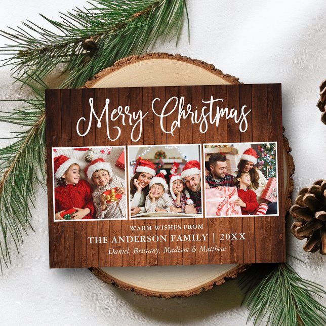 Modern Fun Calligraphy Christmas Wood 3 Foto Postkarte (Customize to change your personalized text size or text style.)