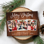 Modern Fun Calligraphy Christmas Wood 3 Fotos Postkarte<br><div class="desc">Moderne Fun Calligraphie Drehbuch Frohe Weihnachten 3 Foto Urlaubskarte - Rustikales Land Holz</div>
