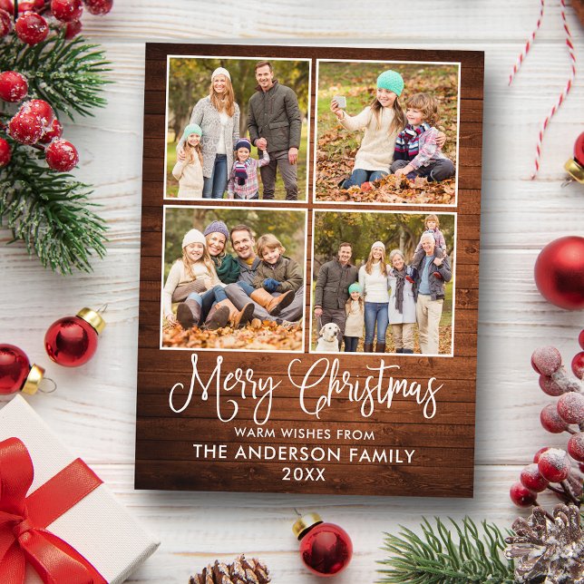Modern Fun Calligraphy Christmas Wood 4 Foto Postkarte (Customize to change your personalized text size or text style.)