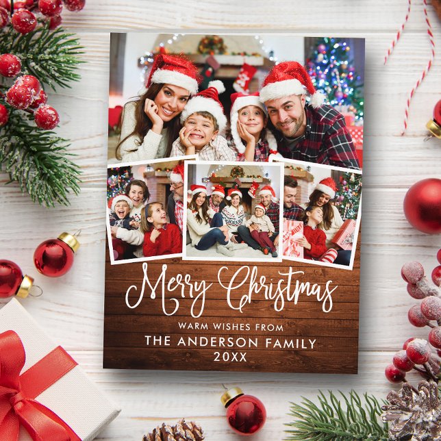 Modern Fun Calligraphy Christmas Wood 4 Foto Postkarte (Customize to change your personalized text size or text style.)