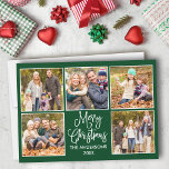 Modern Fun Calligraphy Green 5 Foto Weihnachten<br><div class="desc">Modern Fun Calligraphy Script Frohe Weihnachten 5 Foto Collage Holiday Card - Forest Green Background</div>