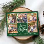 Modern Fun Calligraphy Green 5 Foto Weihnachten Postkarte<br><div class="desc">Modern Fun Calligraphy Script Frohe Weihnachten 5 Foto Collage Holiday Postcard - Forest Green Background</div>