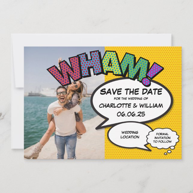 Modern Fun Comic Buchen Sie Foto Save the Date Kar (Vorderseite)