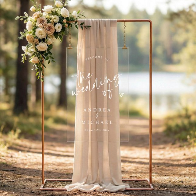 Modern Fun Handwriting Wedding Welcome (Acrylic wedding welcome sign with white ink printing in modern fun handwriting and heart.)