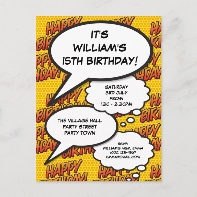 Modern Fun Happy Birthday Party Comic Book Einladungspostkarte (Vorderseite)