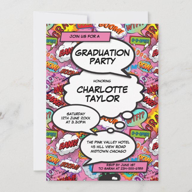 Modern Fun Pink Girly Comic Book Graduation Party Einladung (Vorderseite)