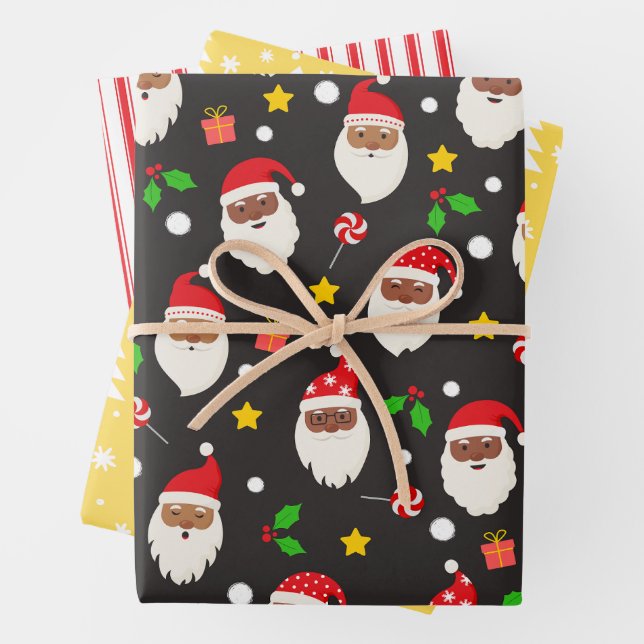 Modern Fun Santa Stripes Weihnachtsmuster Schwarz Geschenkpapier Set (Beispiel)