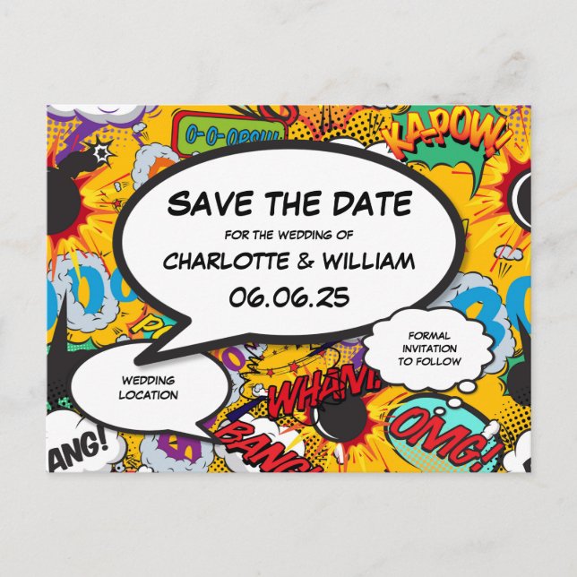 Modern Fun Save the Date Comic Book Ankündigungspostkarte (Vorderseite)