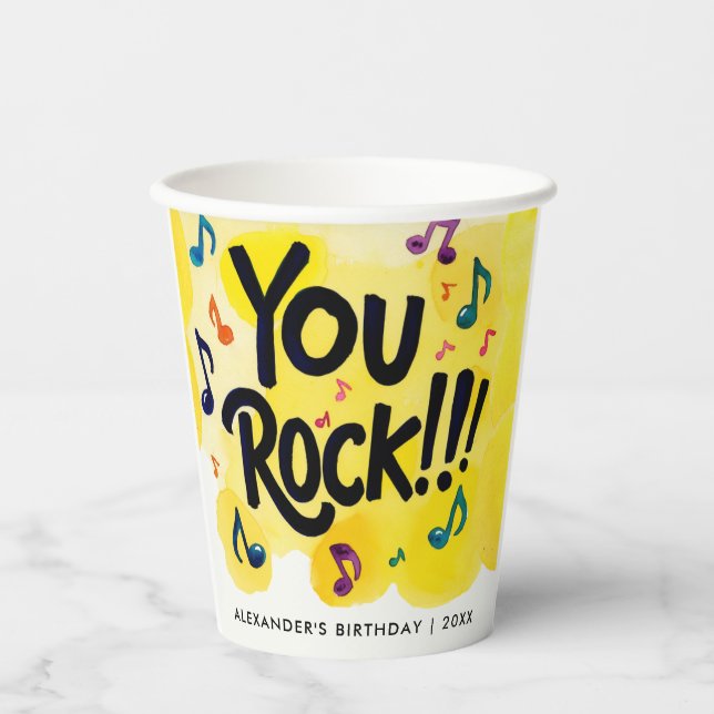 Modern Fun You Rock Yellow Musiknotens Wasserfarbe Pappbecher (Vorderseite)